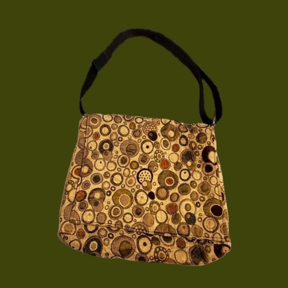 Buttonwood Designs Crossbody Messenger Bag Purse Polkadot Green Brown Tapestry